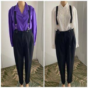 High Waisted Baggy Pleated Black Trousers w/ Suspenders size 9